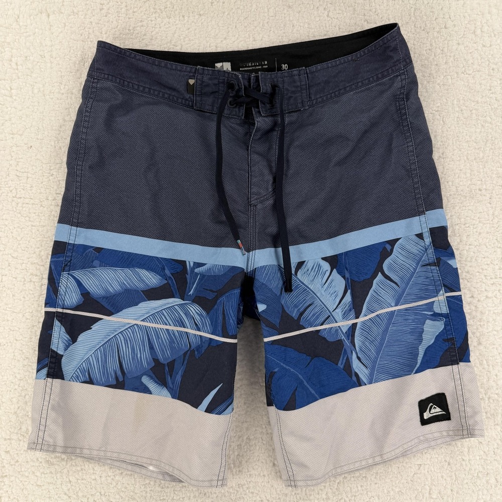Quiksilver Board Shorts Mens 30 Blue Tropical Floral Leaf Swim Trunks Surf